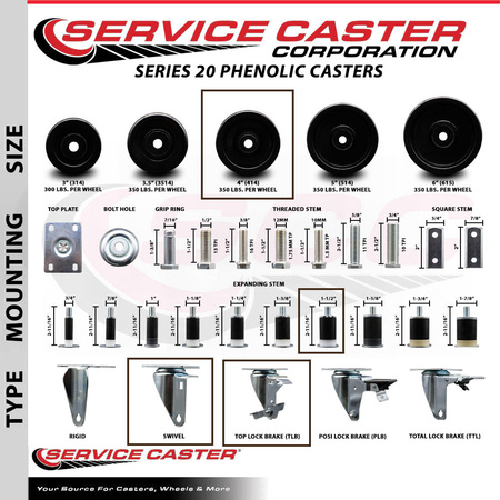 Service Caster 4'' SS Phenolic Swivel 1-1/2'' Expanding Stem Caster Set with Brake, 4PK SCC-SSEX20S414-PHS-TLB-112-4